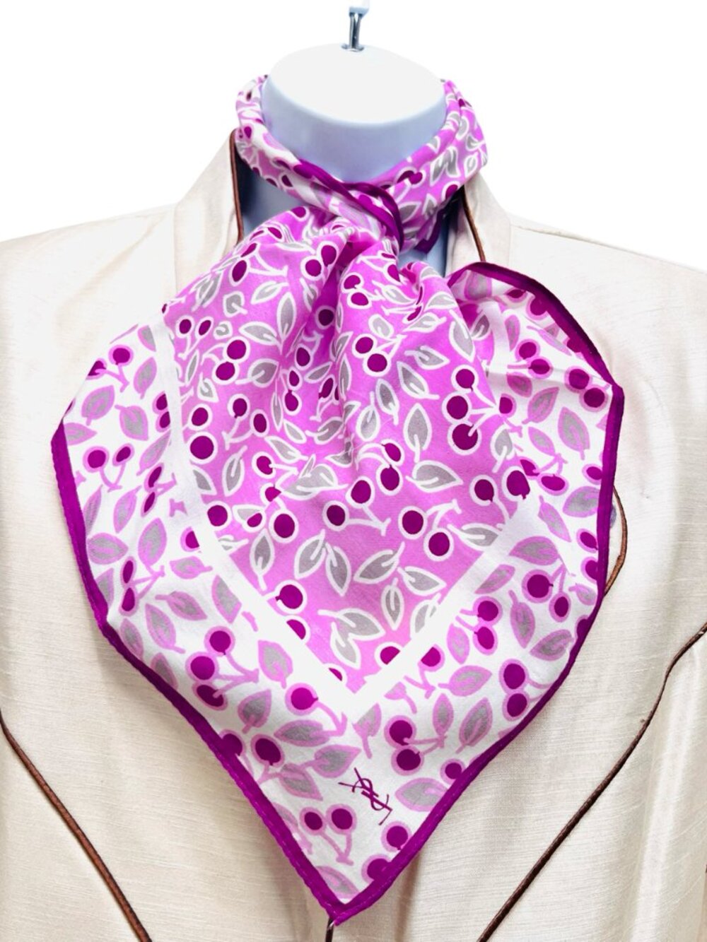 Vgt Yves Saint Laurent Cotton/Silk MiniScarf/Handker 20"  Purple  pinkFloral (46